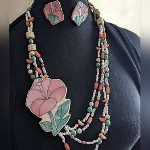 Vintage 1980's Mother Of Pearl Floral Statement Necklace Earrings Set